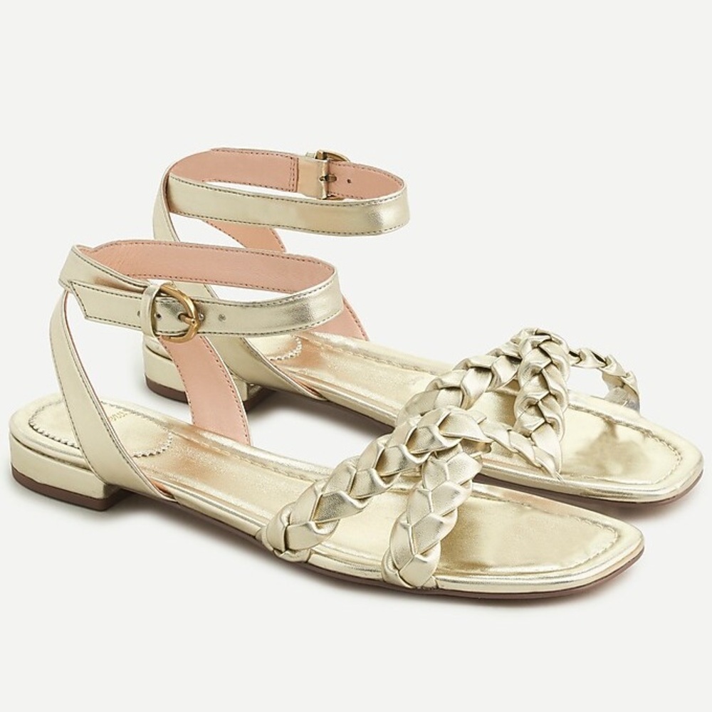 J.Crew Abbie Braided Gold Sandals 9 Metallic Strappy Ankle Wrap Summer NWOB